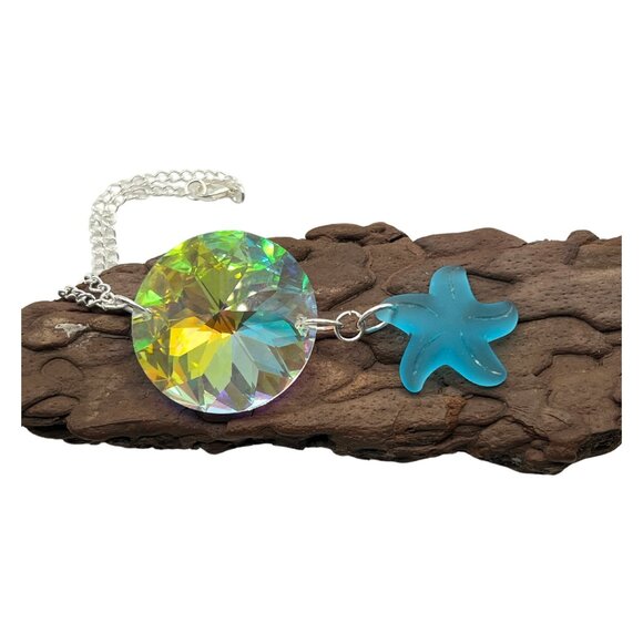 Suncatcher Prism with Starfish Charm, Crystal Disc Rear View Mirror Ornament - Picture 3 of 3